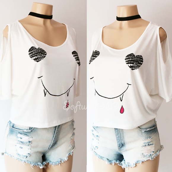 Sumemsuyu Tops - White Graphic Cutout Cold Shoulder Cute Crop Top